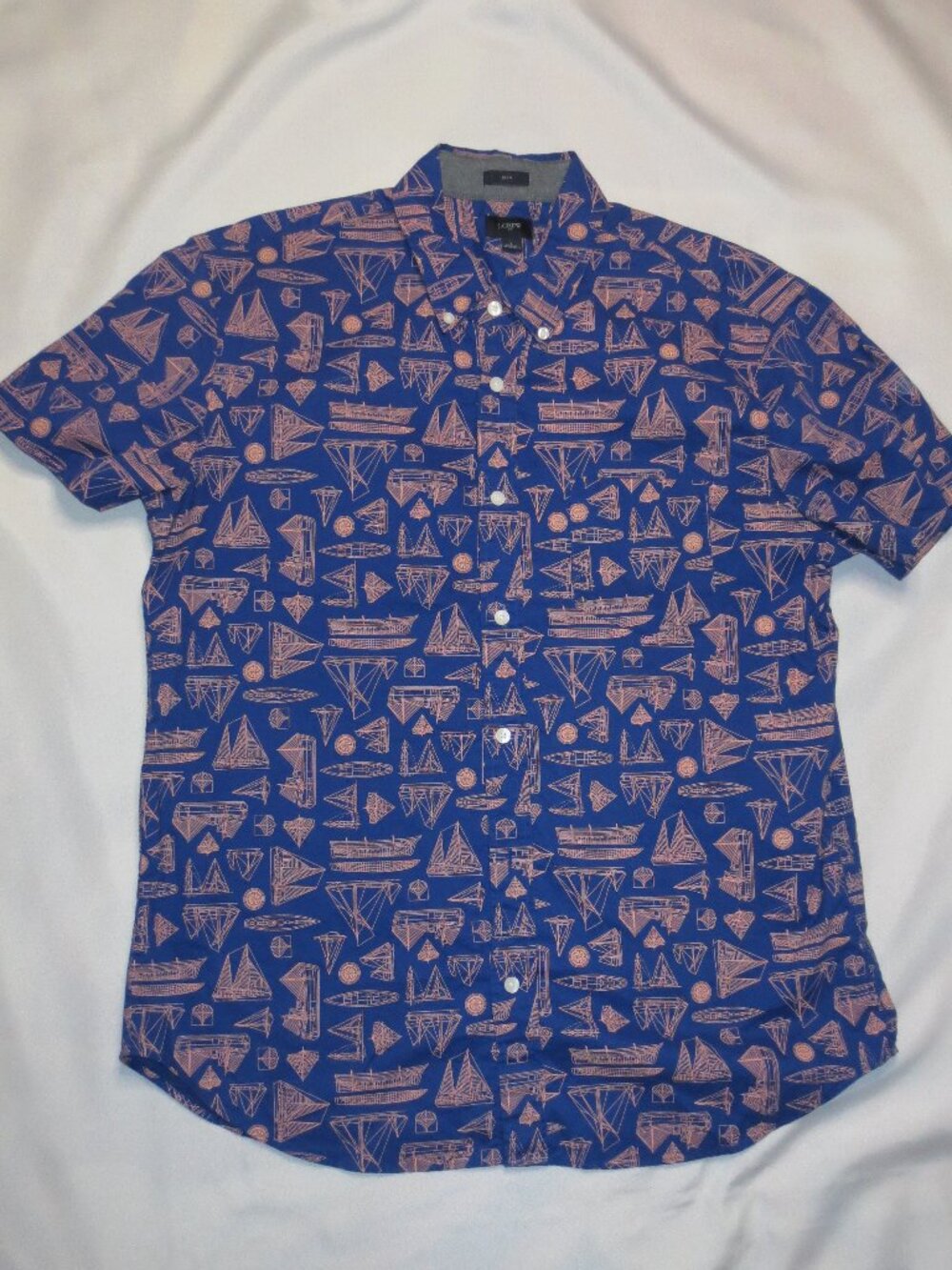 J.CREW mens SHIRT nautical BLUE boats BITTON DOWN casual SLIM FIT weekend LARGE